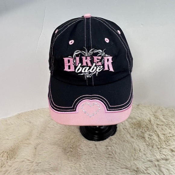 Accessories - Biker Babe Embroidered Baseball Cap Black Pink Rhinestone‎ Heart Barbed Wire Hat